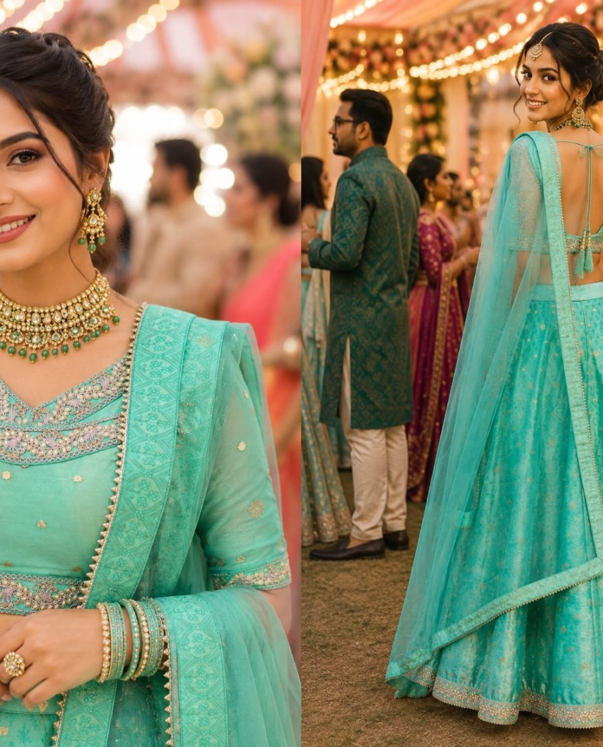 SEAGREEN - Embroidered Work Viscose Lehenga Choli In Sea Green Colour